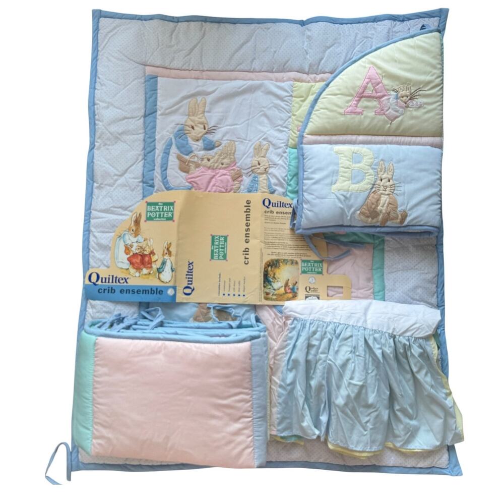 Vintage 1990s Quiltex Beatrix Potter Peter Rabbit 4 Pc Crib Bedding Set